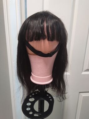 100% Brazilian Human Hair 16" Wig Bangs Silky Straight Natural Black Glueless